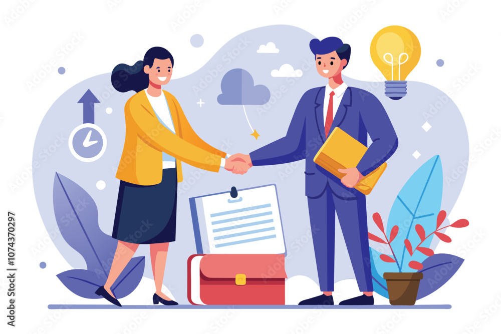 A lawyer and client are shaking hands to complete a contract inside a modern office environment, Lawyer and client shake hands on contract, illustrated flatly. A lawyer and client are shaking hands to complete a contract inside a modern office environment, Lawyer and client shake hands on contract, illustrated flatly.