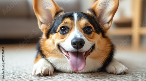 Happy corgi dog with big ears, resting on the floor, looking playful and cheerful.