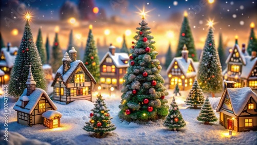 Winter wonderland village with festive Christmas tree decorations, winter, wonderland, village, Christmas trees, decorations