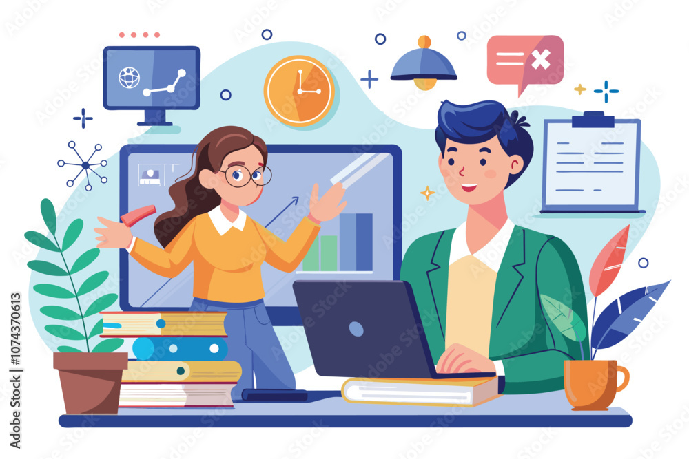 A virtual math lesson is in progress, featuring a teacher assisting a student online, Learn math online with a teacher through video calls, illustrated in a flat style. A virtual math lesson is in progress, featuring a teacher assisting a student online, Learn math online with a teacher through video calls, illustrated in a flat style.