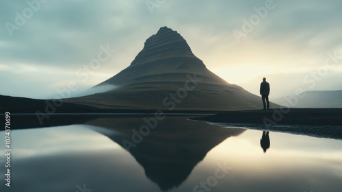 A lone figure silhouetted against the backdrop of a majestic mountain.