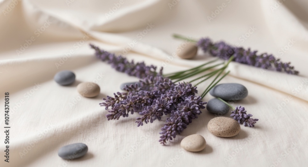 Lavender Flowers and Stones on a Linen Background. Lavender Flowers and Stones on a Linen Background.