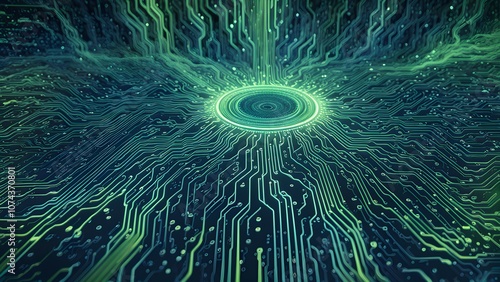 Abstract representation of digital circuits and data flow in a futuristic design.
