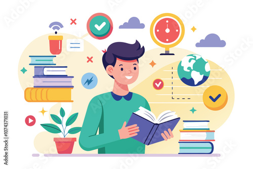 A student engages with a book while surrounded by various educational icons and elements promoting learning, Learn quickly and easily with simple illustrations.