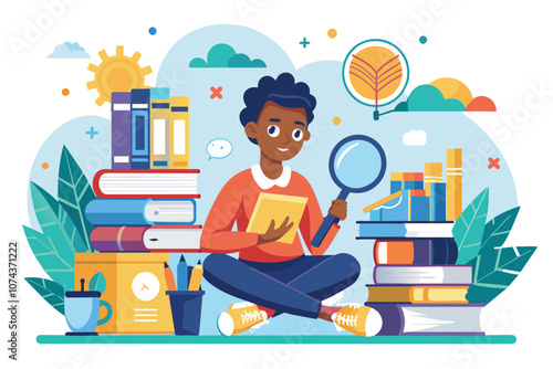 A person uses a magnifying glass to study books while sitting amidst colorful stacks and plants, showcasing curiosity, Learn to search for information in books, flat illustration