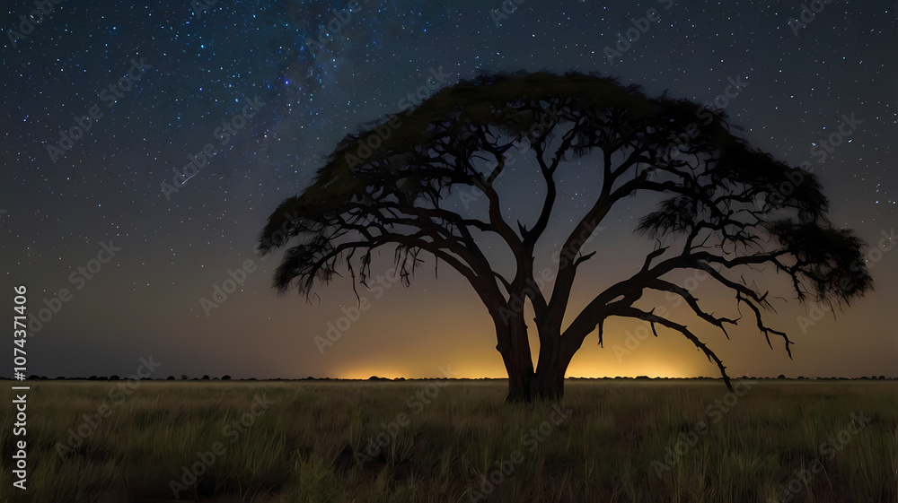 Solitary Tree Silhouette Under Milky Way: A solitary tree stands tall against the backdrop of a star-filled night sky, the Milky Way stretching across the horizon. Solitary Tree Silhouette Under Milky Way: A solitary tree stands tall against the backdrop of a star-filled night sky, the Milky Way stretching across the horizon.