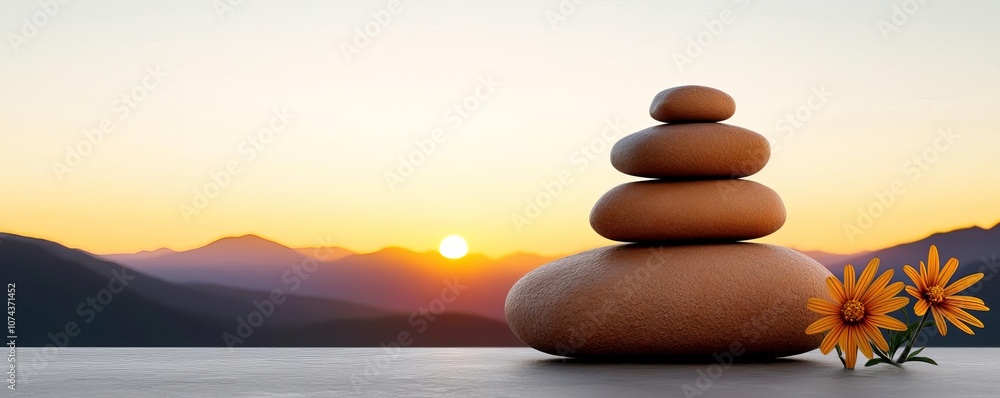 Sunrise over rugged mountain terrain with light breaking over the horizon, bathing rocks and wildflowers in a warm, early morning glow Sunrise over rugged mountain terrain with light breaking over the horizon, bathing rocks and wildflowers in a warm, early morning glow