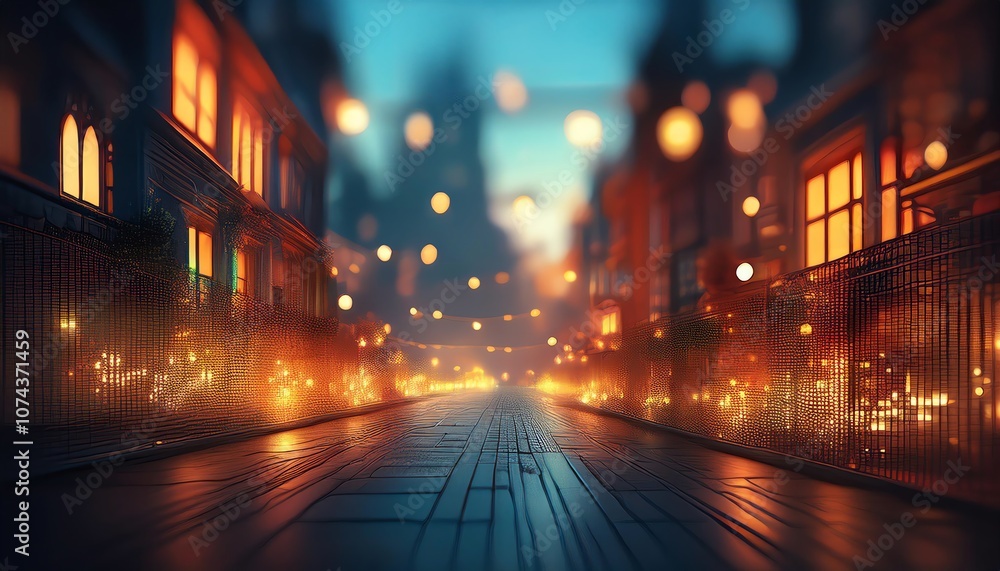A serene street scene illuminated by glowing lights, creating a cozy nighttime atmosphere amidst softly blurred surroundings. A serene street scene illuminated by glowing lights, creating a cozy nighttime atmosphere amidst softly blurred surroundings.