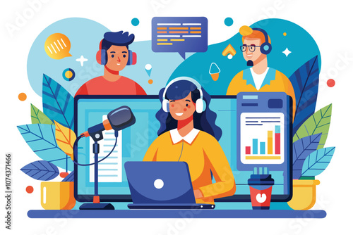 Hosts engage with podcast listeners during a live webcast in a vibrant, interactive setup, Live webcast with podcast listeners, flat illustration.
