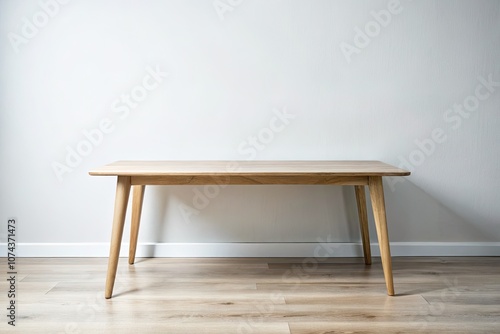 Minimalist wooden table decor accentuates elegant home interiors with its modern design, simple aesthetic, clean lines, and beautiful natural wood texture against a white wall.
