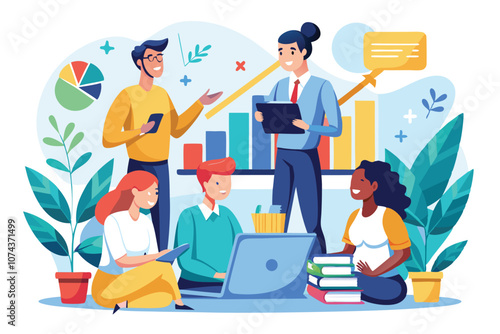 A diverse team engages in a collaborative meeting to discuss business growth strategies and ideas, Let's learn about business growth together with a flat illustration.