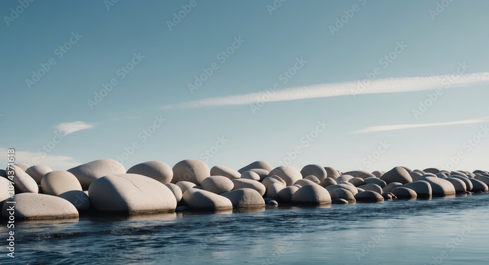 Fototapeta premium Smooth River Rocks With Flowing Water Under a Blue Sky.