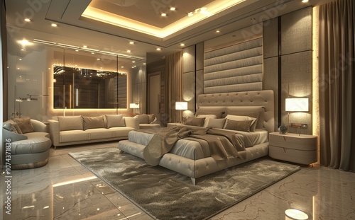 A luxurious bedroom with a plush bed, a couch, and