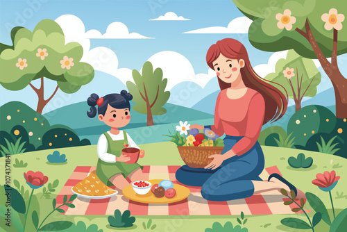 A mother and her child have a delightful picnic on a colorful blanket in a lush park, surrounded by nature, Lovely flat illustration of a mom and child having a picnic in the park.