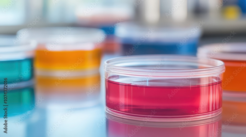 Colorful petri dishes filled with vibrant liquids in a laboratory setting, showcasing scientific experimentation. Colorful petri dishes filled with vibrant liquids in a laboratory setting, showcasing scientific experimentation.