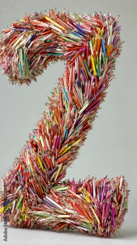 A colorful number two, constructed entirely of pencils, sits on a white surface A colorful number two, constructed entirely of pencils, sits on a white surface