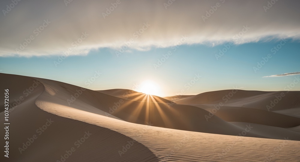 Sunbeams Illuminate Rolling Sand Dunes at Sunrise. Sunbeams Illuminate Rolling Sand Dunes at Sunrise.