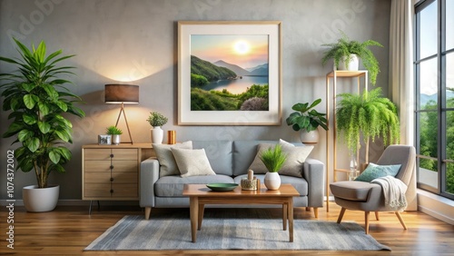 Mockup of Frame with Double Exposure Photography in Contemporary Living Room Interior Design