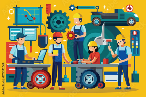 A group of machine repairers works together in a vibrant workshop, focusing on various repair activities, machine repairers, flat drawing