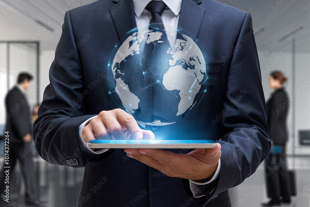Businessman holding a digital tablet with a holographic globe projection Businessman holding a digital tablet with a holographic globe projection