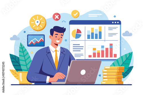 A male analyst is focused on studying financial data and budgets displayed on his laptop in an office, Male analyst studies financial budget for modern flat concept web banner design.