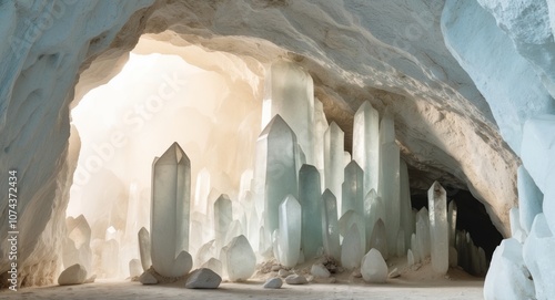 Sunlit Crystal Cave with Large Quartz Formations. photo