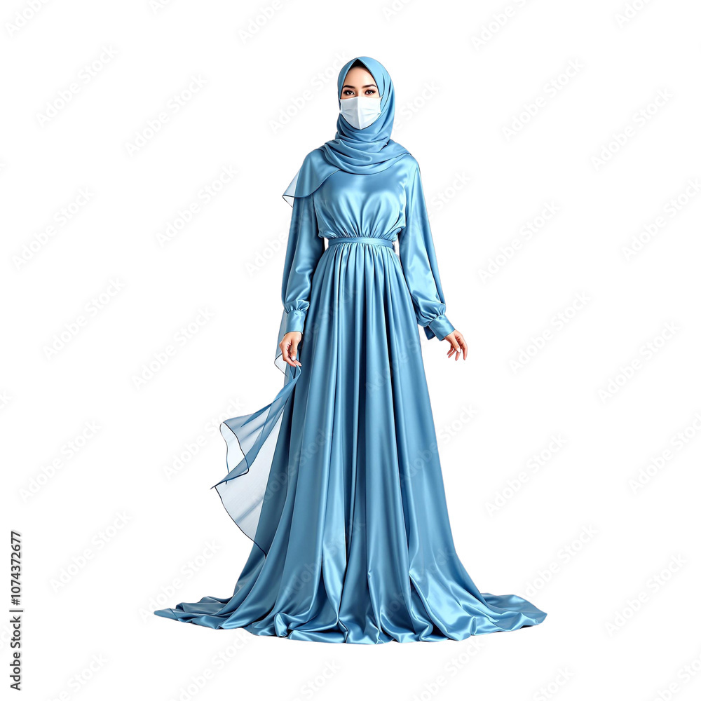 A mannequin wearing a blue dress with a veil on it isolated on transparent background, PNG file, Satin silk dress A mannequin wearing a blue dress with a veil on it isolated on transparent background, PNG file, Satin silk dress
