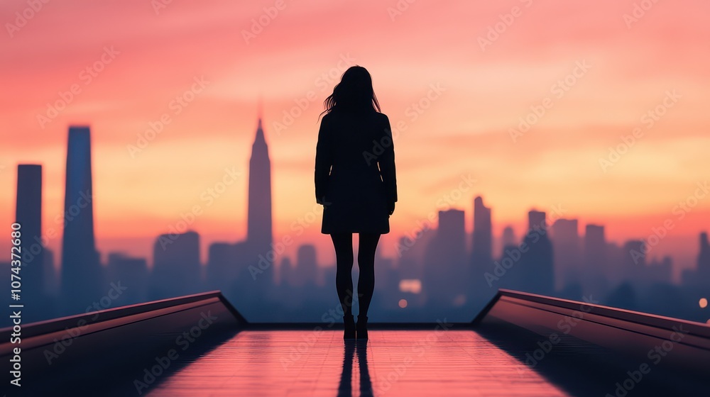 Silhouette of a woman standing on a rooftop overlooking a vibrant city skyline during sunset, evoking a sense of wonder.