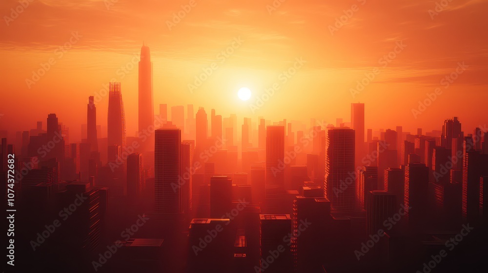 Stunning sunset over a city skyline, with vibrant orange hues highlighting the silhouettes of skyscrapers and buildings. Stunning sunset over a city skyline, with vibrant orange hues highlighting the silhouettes of skyscrapers and buildings.