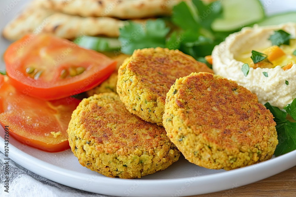 Plate of vegan falafel with pita, hummus, and fresh vegetables photographed up close Plate of vegan falafel with pita, hummus, and fresh vegetables photographed up close