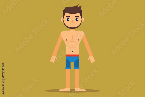 A cartoon male character stands confidently, showcasing a well-defined body shape in vibrant swim shorts, Male body shapes for cartoon illustrations that can be customized.