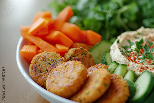 Plate of vegan falafel with pita, hummus, and fresh vegetables photographed up close photo