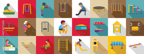 Children play playground icons set. Children enjoying various playground activities, fostering fun and development