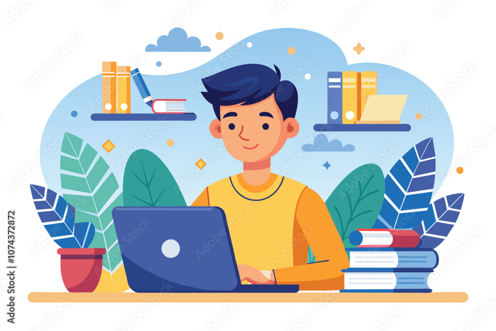 A young male student engages in online study with a laptop, books, and plants in a cozy setting, Male character studying online, illustrated in a flat style. A young male student engages in online study with a laptop, books, and plants in a cozy setting, Male character studying online, illustrated in a flat style.