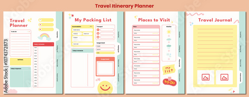 Playful planner pages templates. Organizer page, diary and daily control book. traver planner and itinerary organizers or office schedule list. Graphic organization paper vector set