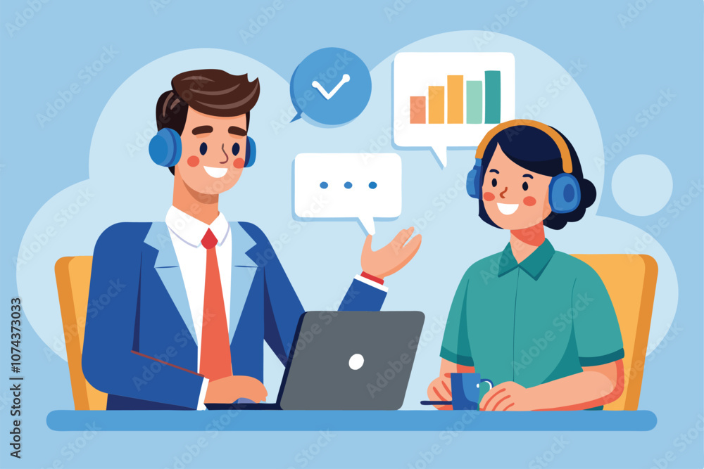 A male representative is communicating with a client via video call, providing support and assistance, Male customer service representative communicating with consultant in a flat illustration. A male representative is communicating with a client via video call, providing support and assistance, Male customer service representative communicating with consultant in a flat illustration.