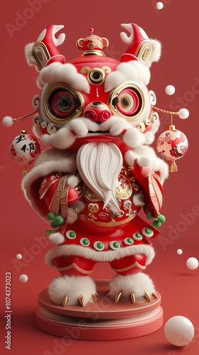 Festive red and white chinese dragon figure on red background.