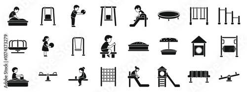Children play playground icons set. Children having fun on various playground equipment, including swings, slides, sandbox, and trampoline