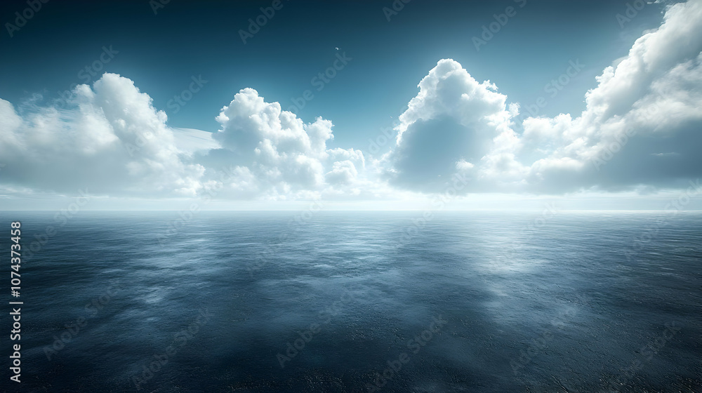 Fototapeta premium Ocean Horizon with Fluffy Clouds - Realistic Digital Illustration