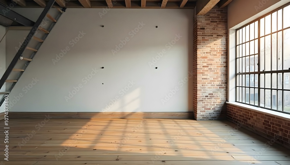 An empty room with a large window, wooden floor, and brick walls. An empty room with a large window, wooden floor, and brick walls.
