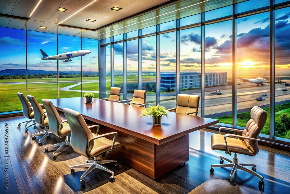 Fototapeta premium Modern Conference Room with Panoramic Airport View for Productive Meetings and Collaborations