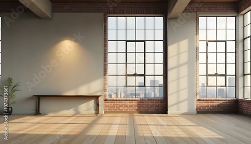 An empty room with a large window, wooden floor, and brick walls.