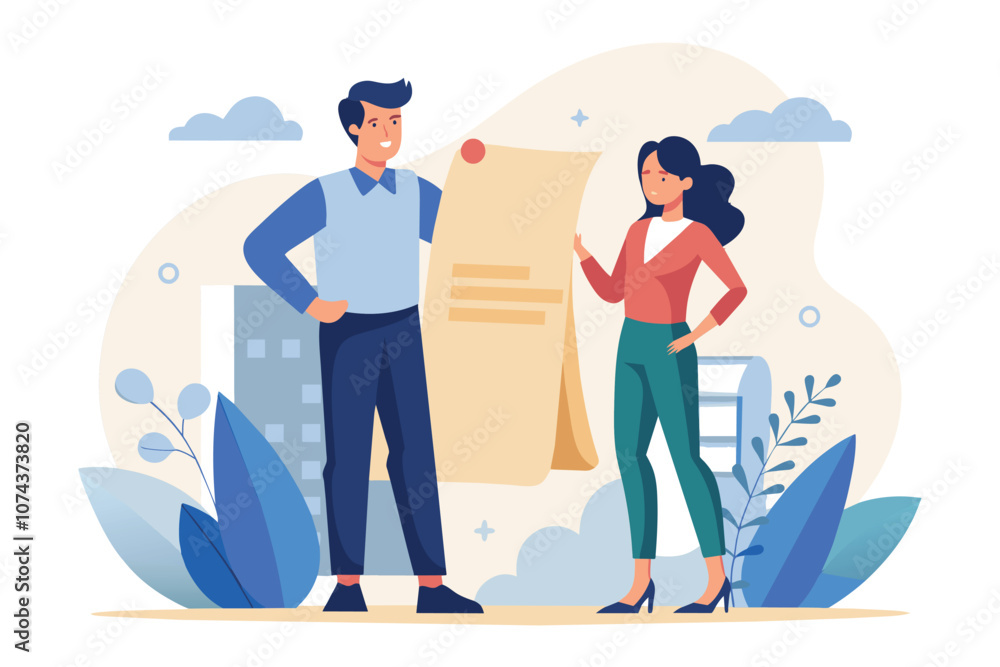 A man and woman engage in discussion while holding a large sheet of paper in an outdoor setting, Man and woman standing in front of a big flat paper illustration. A man and woman engage in discussion while holding a large sheet of paper in an outdoor setting, Man and woman standing in front of a big flat paper illustration.