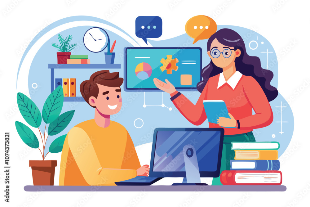 Man and woman engaging in online study with a science tutor at home during daytime, Man and woman studying online, talking to a science tutor on Zoom, illustrated in a flat style. Man and woman engaging in online study with a science tutor at home during daytime, Man and woman studying online, talking to a science tutor on Zoom, illustrated in a flat style.