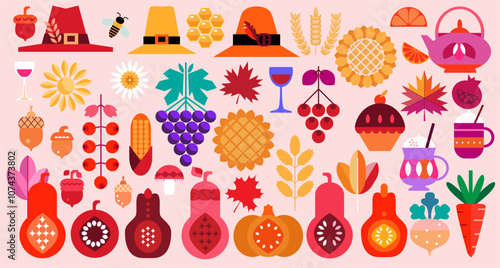 Happy Thanksgi  Day  set icons template for design Greeting card with flowers,  leaves, roasted turkey, pumpkins, sunflower, berry, family dinner, cooked vegetables, fruits. Vector flat  illustration
