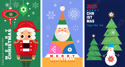 Merry Christmas and Happy New Year  holiday abstract background  template set cards  design with Gifts,  ball toy, garland  Modern Xmas flat  vector illustration