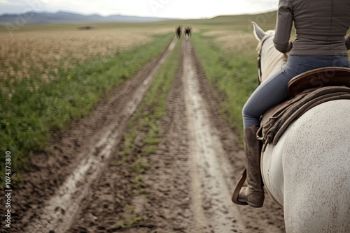 Horseback riders on a dirt road surrounded by fields photo