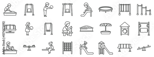 Children play playground icons set. Children enjoying various playground activities like swinging, sliding, and playing on seesaws, promoting outdoor fun and physical activity