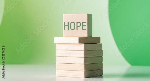 Wooden blocks with the word hope on a green background. photo