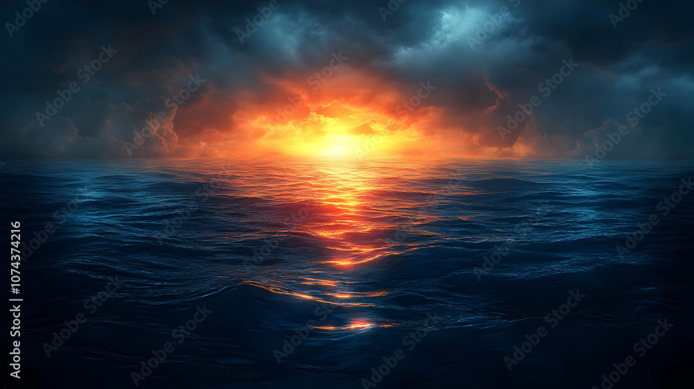 Obraz premium Dark Clouds Over Ocean Sunset Illustration